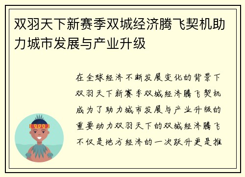 双羽天下新赛季双城经济腾飞契机助力城市发展与产业升级